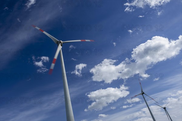 Wind turbines near the Avacon substation Helmstedt, Helmstedt, Lower Saxony, Germany, Europe