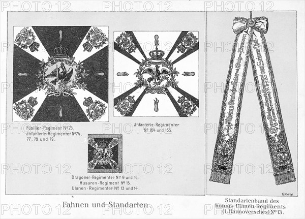 Plate with various military flags and standards, Fusilier Regiment, Infantry, Dragoons, Hussars,