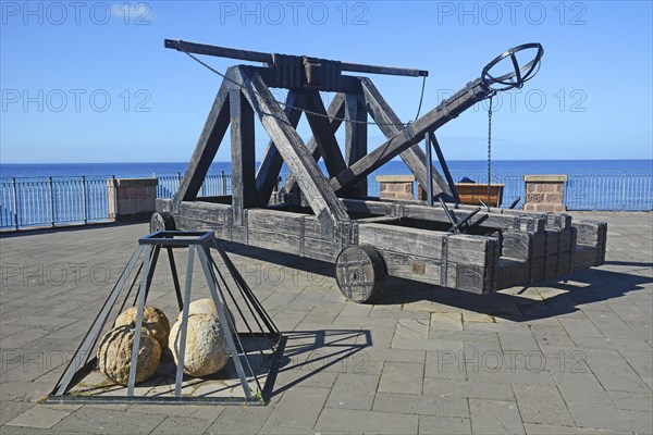 Medieval catapult at fortress wall of Alghero, Sardinia, Italy, Mediterranean, Southern Europe,