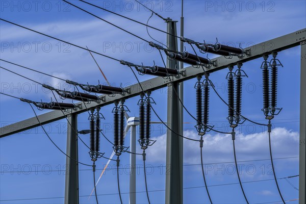 Insulators on high-voltage lines at the Avacon substation in Helmstedt, Helmstedt, Lower Saxony,