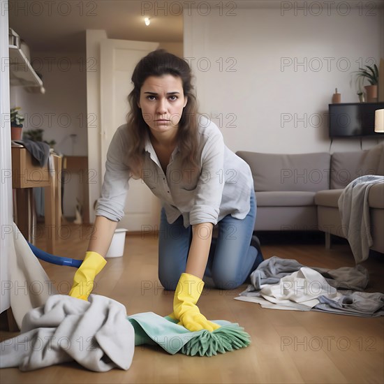 An annoyed woman in cleaning gloves kneels in the messy living room and cleans the floor, No desire