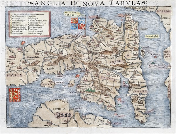 England and Scotland, hand-coloured woodcut map from Sebastian Muenster Cosmographey oder