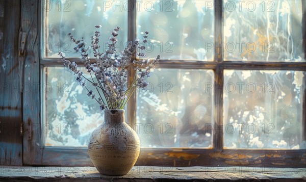 A vintage window sill with a ceramic vase containing lavender flower AI generated