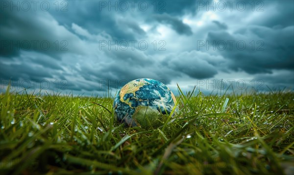 An Earth globe on a grassy meadow with a dramatic cloudy sky as the backdrop AI generate, AI