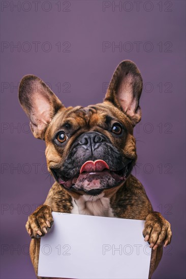 Rench Bulldog dog holding empty white sign in front of purple studio background. KI generiert,