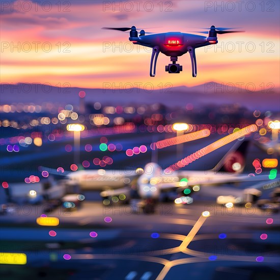 Drone with illuminated rotor blades in front of an aircraft and colourful city lights in the
