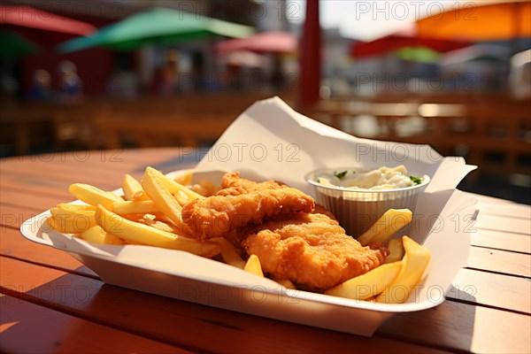 Traditional fish and chips meal in takeout box with sea in background. KI generiert, generiert, AI
