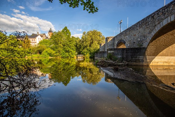 View of an old town, half-timbered houses in a town. Streets and bridges at the river Lahn in the