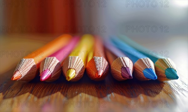 Close-up of a bunch of colored pencils, abstract background with colored pencils macro view AI