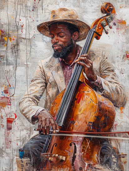 Contemplative musician playing cello featured in a heavily textured painting, AI Generated, AI