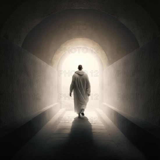 Back view of a person walking towards a bright light at the end of a dark tunnel, AI generated
