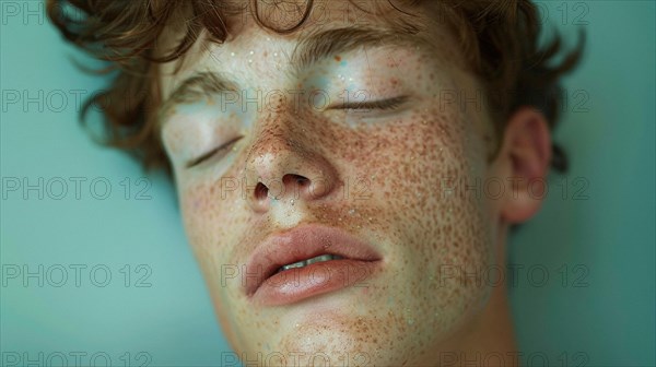 Serene portrait of a redhead with freckles and closed eyes, conveying calmness, blurry teal