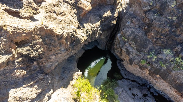Aerial view of Charco Azul in the Podemos to Agaete in Gran Canaria, Canary Islands