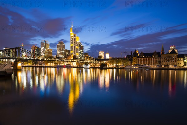 Skyline and banking district after sunset, twilight, Tower 185, Commerzbank, HelaBa, Hessische