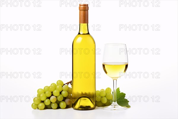 Glass and bottle of white wine with grapes on white background. KI generiert, generiert, AI