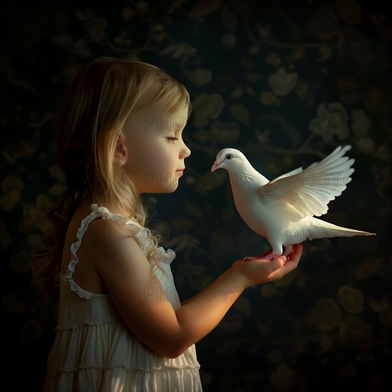 A girl lovingly holds a dove in a dark room with patterned wallpaper, Destroyed houses, War, Dove