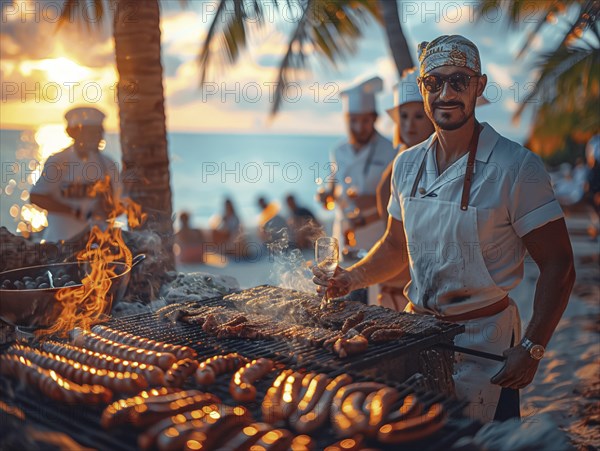 Barbecue party, guests with glasses in their hands stand around a chef who is grilling sausages and