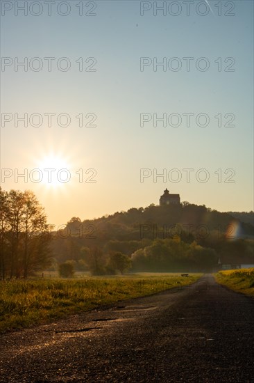 Landscape at sunrise. Beautiful morning landscape with fresh yellow rape fields in spring. Small