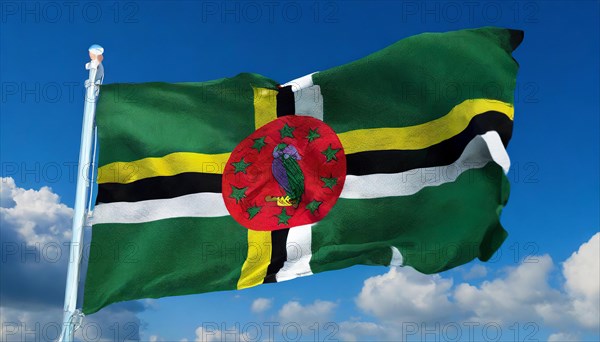The flag of Dominica, Lesser Antilles, Caribbean, fluttering in the wind, isolated, against the