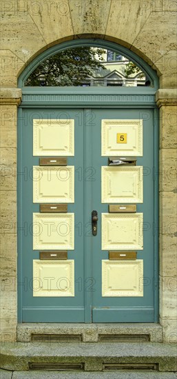 Classicist front door of the heritage-protected building at Schillerstrasse 5 in Weimar, Thuringia,