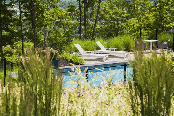 View through ornamental grass plants and shrubs of two white long chairs on edge of in-ground