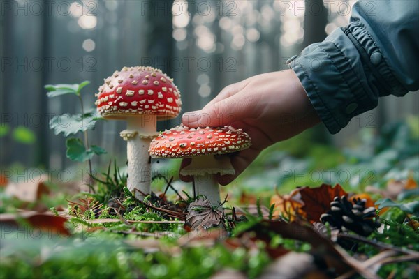 Person's hands picking up red toxic fly agaric Amanita Muscaria mushroom in forest. KI generiert,
