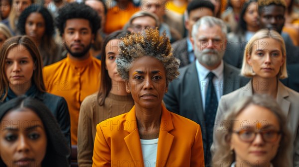 African american adult Woman in orange blazer stands out in a crowd with various expressions of