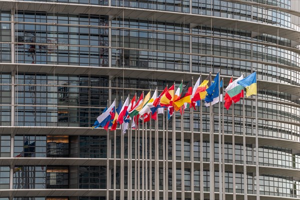 Flags of the European countries in front of the European Parliament in Strasbourg. Bas rhin,