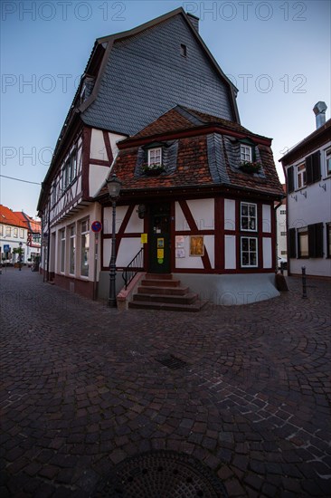 View of an old town, half-timbered houses and streets in a town. Seligenstadt am Main, Hesse