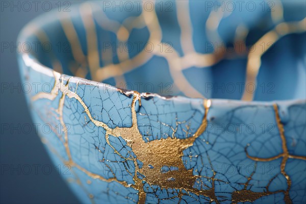 Japanese Kintsugi bowl with ceramic repair technique that uses lacquer mixed with powdered gold. KI
