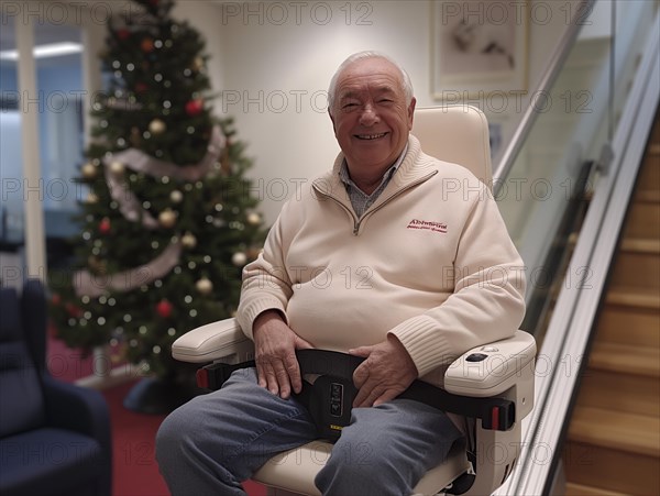 A pensioner rides a stair lift up a flight of stairs, AI generated