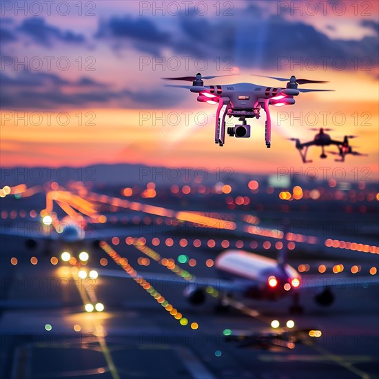 Drone in flight in front of a landing aircraft and an illuminated runway at night, drone, attack,