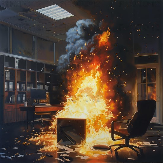 An office burns, paper swirls through the air and dramatic light penetrates the thick smoke, AI
