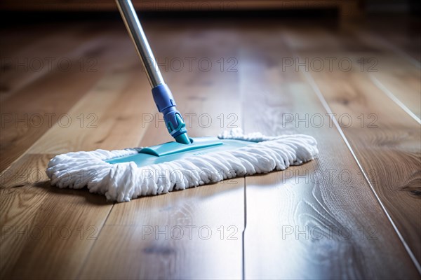 Flat mop cleaning hardwood floor. KI generiert, generiert, AI generated