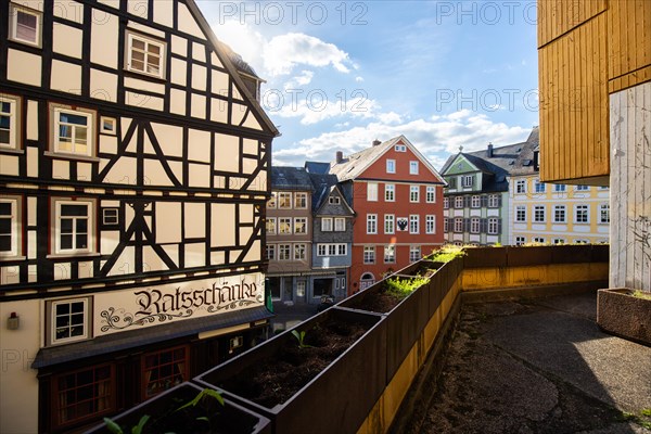 Old half-timbered houses in a town. Streets and buildings in the morning in Wetzlar, Hesse Germany