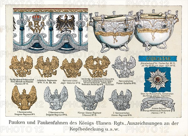 Flags, timpani, timpani flags, helmet fittings, Gibraltar ribbon etc., decorations, dragoons,