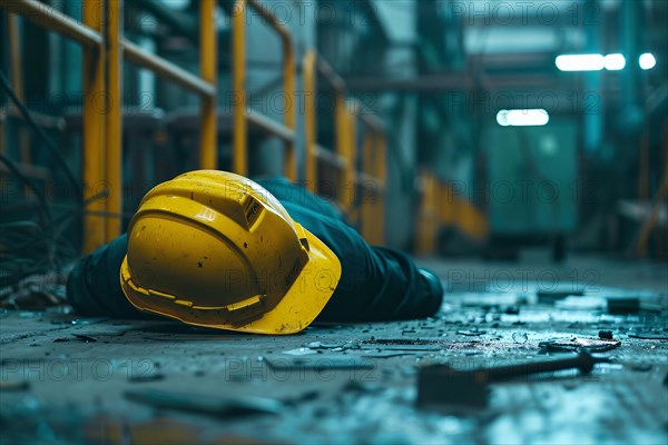 Worker with safety helmet lying on warehouse floor after accident. KI generiert, generiert, AI