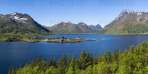 Landscape on the Lofoten Islands with sea and mountains. The Sildpollnes peninsula in the