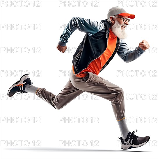 Stylish older man sprints dynamically in modern running clothes, exuberant and cheerful, start