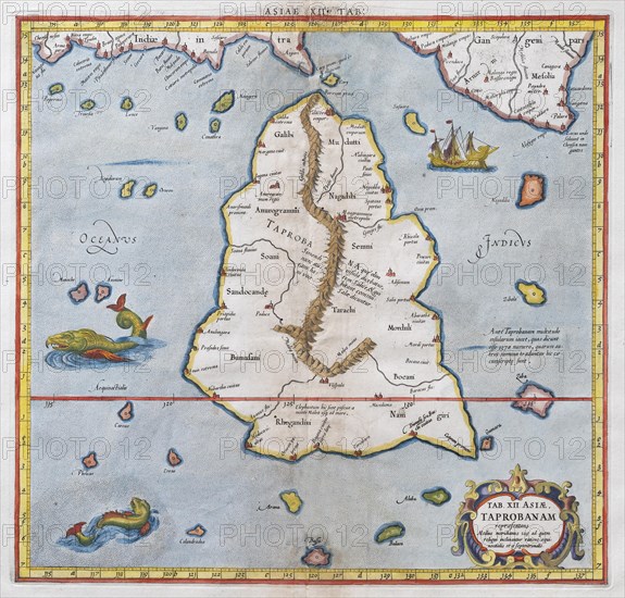Sri Lanka as the mythical island of Taprobana, hand-coloured copperplate engraving by Gerhard
