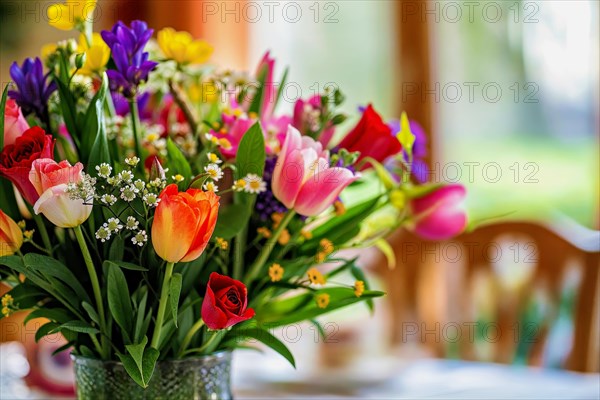 Mother's Day, A magnificent bouquet of multi-coloured spring flowers in a green vase, AI generated,