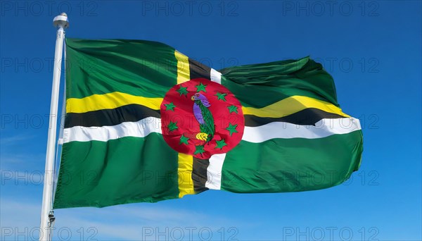 The flag of Dominica, Lesser Antilles, Caribbean, fluttering in the wind, isolated, against the