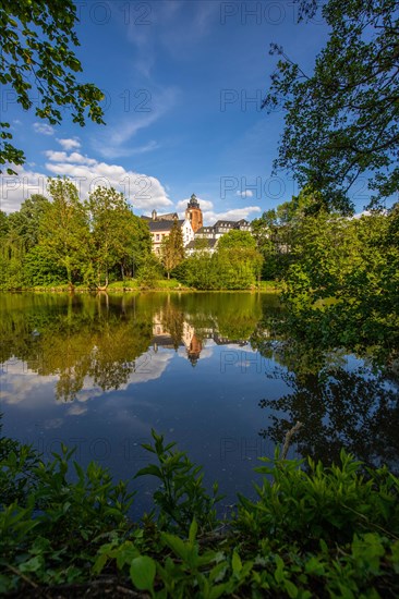 View of an old town, half-timbered houses in a town. Streets and bridges at the river Lahn in the