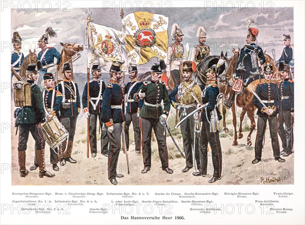 Historical, coloured illustration, colour plate uniforms of the Hanoverian army 1866, soldiers and