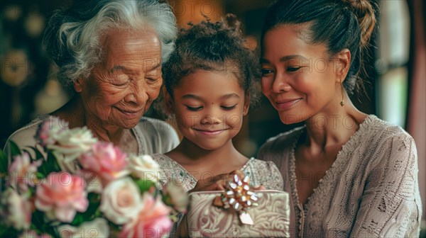 Three generations Mixed-race of a family exchange a thoughtful gift with tender affection, AI