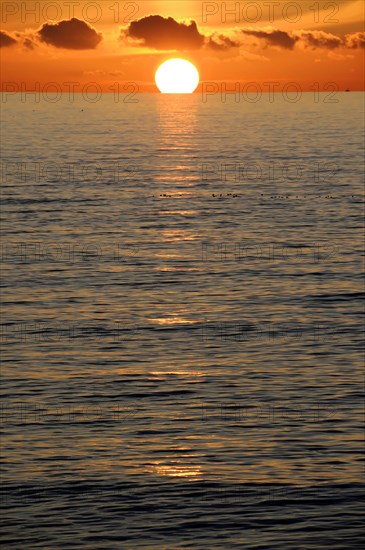 Beach 5 km south of Westerland, Sylt, North Frisian Island, Schleswig Holstein, Sunset with the sun