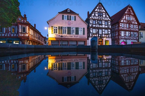 View of an old town, half-timbered houses and streets in a town. Seligenstadt am Main, Hesse