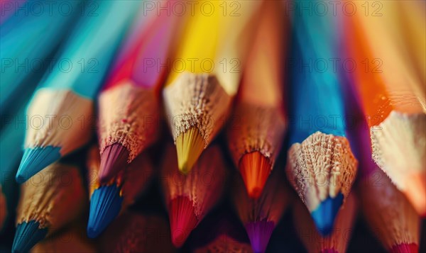 Close-up of a bunch of colored pencils, abstract background with colored pencils macro view AI