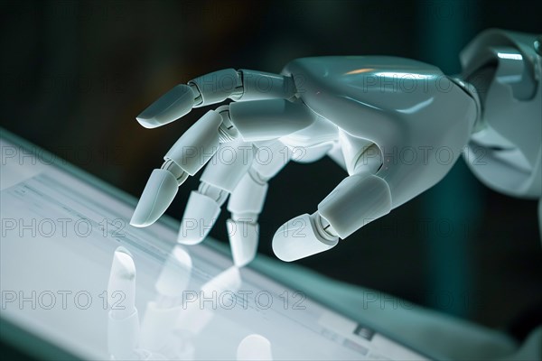 Whire robitic artificial intelligence hand on digital computer tablet. KI generiert, generiert, AI