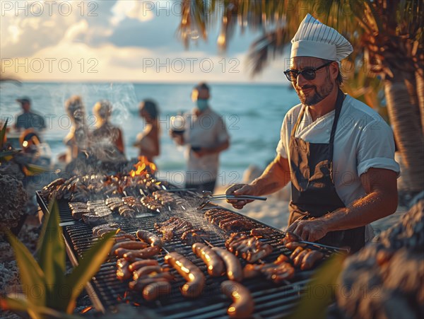 Barbecue party, guests with glasses in their hands stand around a chef who is grilling sausages and